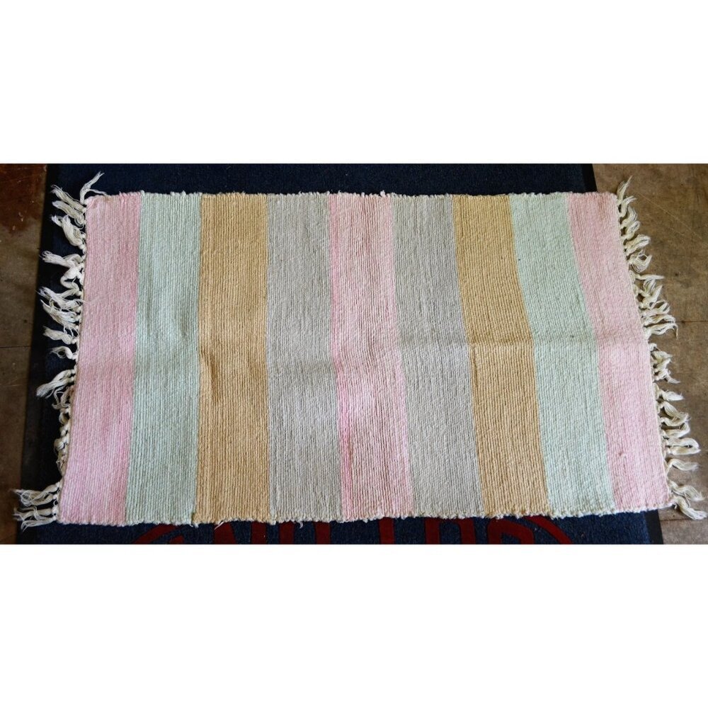 Flat Woven Handmade Rug Hand Tied Pastel Striped Floor Bath Mat Vtg Home Decor